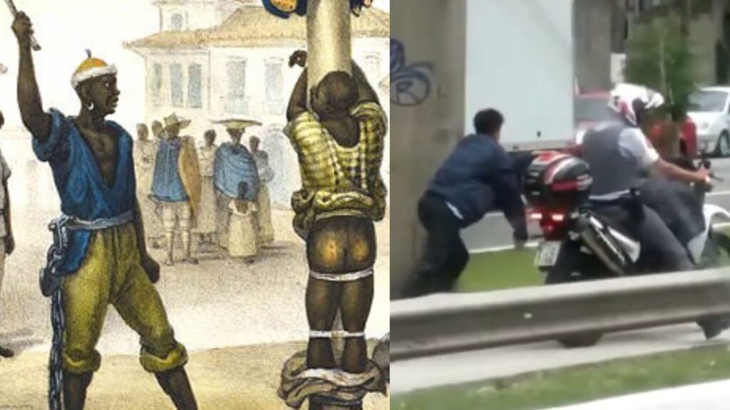 Foto de quadro de Debret demonstrando castigos físicos contra escravizado ao lado de foto de homem negro algemado a moto sendo arrastado por policial.