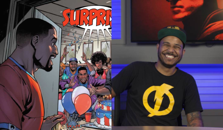 <strong>Load Comics aparece em festa surpresa do Capitão América em HQ: “Sou canônico na Marvel”</strong>