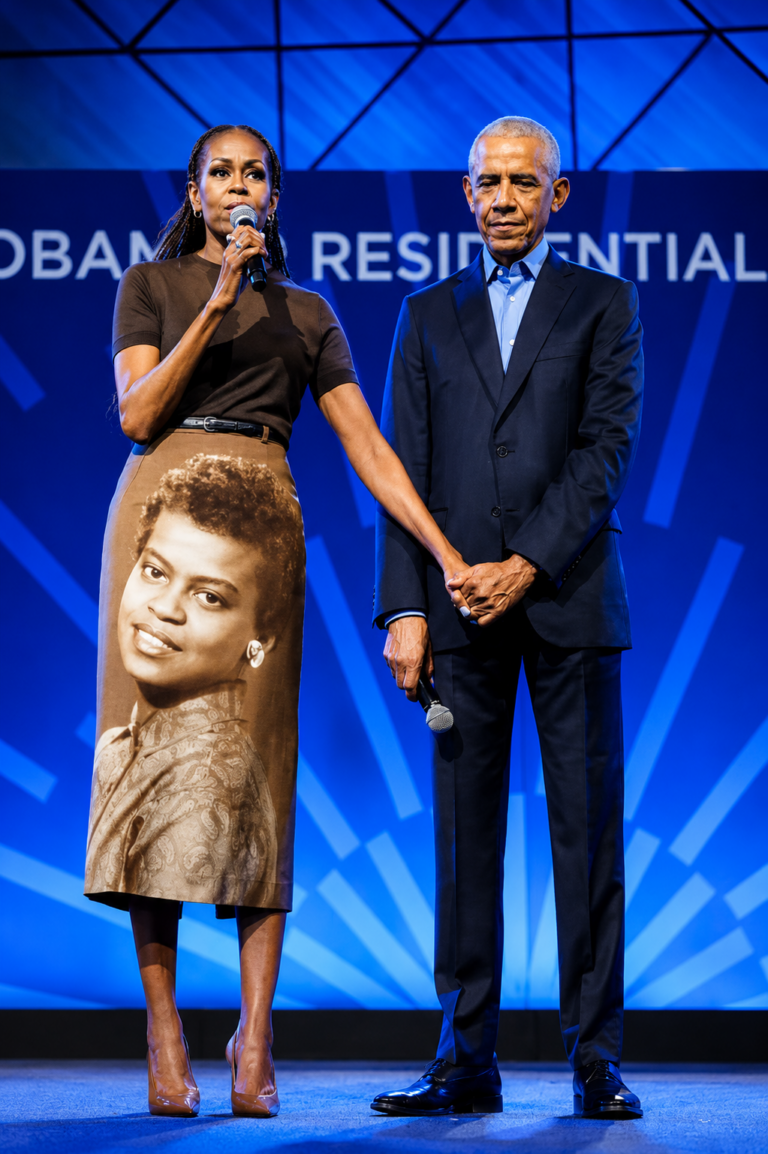 Michelle Obama homenageia a mãe com saia estampada na abertura do Obama Presidential Center