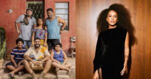 Atriz Taís Araujo com cabelos crespos volumosos e elenco de Pablo e Luisão.