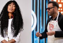 Bianca Oliveira critica fala racista de participante no MasterChef Brasil: “Desumaniza mulheres negras” Chef Bianca Oliveira com olhar sério e Reinaldo Bockor no MasterChef Brasil.