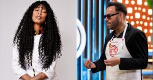 Chef Bianca Oliveira com olhar sério e Reinaldo Bockor no MasterChef Brasil.