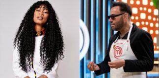 Bianca Oliveira critica fala racista de participante no MasterChef Brasil: “Desumaniza mulheres negras” Chef Bianca Oliveira com olhar sério e Reinaldo Bockor no MasterChef Brasil.