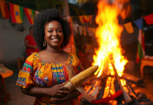 São João é cultura popular, e a história negra também faz parte dela Festas juninas com fogueira e bandeirinhas na cultura popular brasileira