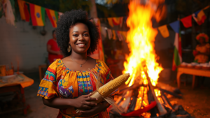 Festas juninas com fogueira e bandeirinhas na cultura popular brasileira