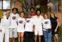 Coletiva Tempero de Oyá lança cartilha on-line e gratuita com receitas e reflexões sobre cultura alimentar afro-brasileira Coletivo Tempero de Oyá reunido e sorridente para a foto.