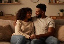 Amores negros e o não lugar do amor Casal negro abraçado com ternura sentados no sofá de uma sala.
