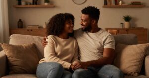 Casal negro abraçado com ternura sentados no sofá de uma sala.