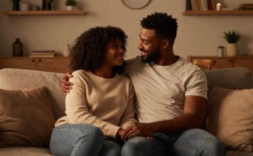 Amores negros e o não lugar do amor Casal negro abraçado com ternura sentados no sofá de uma sala.
