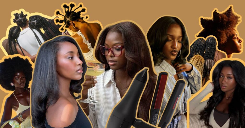 Mulheres negras com diferentes texturas de cabelo e itens de alisamento