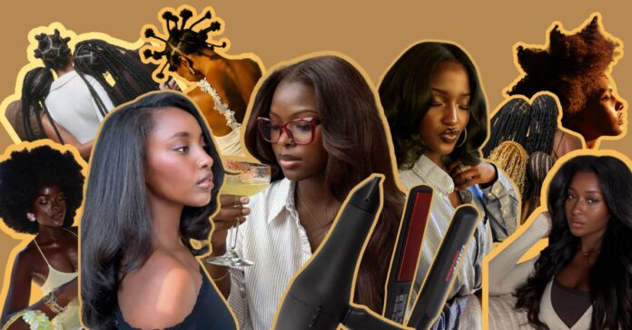 Mulheres negras com diferentes texturas de cabelo e itens de alisamento