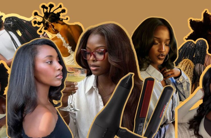 Por que as mulheres negras estão voltando a alisar os cabelos? Liberdade de escolha ou retrocesso estético? Mulheres negras com diferentes texturas de cabelo e itens de alisamento