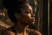 Por que pessoas negras têm menos acesso à atividade física? Mulher negra reflexiva e vestida para uma atividade física
