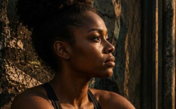 Por que pessoas negras têm menos acesso à atividade física? Mulher negra reflexiva e vestida para uma atividade física