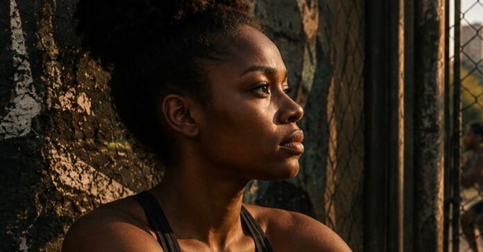 Mulher negra reflexiva e vestida para uma atividade física