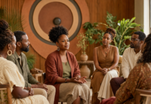 Epistemologia do Cuidado: por que a saúde mental das lideranças negras também se constrói na ancestralidade Mulher negra em momento de cuidado, escuta e conexão com a ancestralidade. Imagem gerada por IA