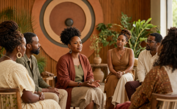 Epistemologia do Cuidado: por que a saúde mental das lideranças negras também se constrói na ancestralidade Mulher negra em momento de cuidado, escuta e conexão com a ancestralidade. Imagem gerada por IA