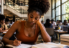 Mulheres negras avançam, mas violência doméstica cresce 185% Mulher negra em ambiente universitário ilustrando dados da pesquisa