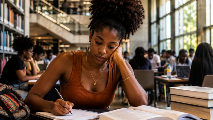 Mulher negra em ambiente universitário ilustrando dados da pesquisa