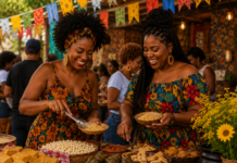 Projeto Cozinha para Todes realiza Arraiá das Pretas em SP Mulheres negras em mesa com comidas juninas no Arraiá das Pretas: Imagem gerada por IA