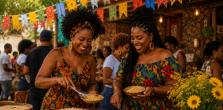Projeto Cozinha para Todes realiza Arraiá das Pretas em SP Mulheres negras em mesa com comidas juninas no Arraiá das Pretas: Imagem gerada por IA