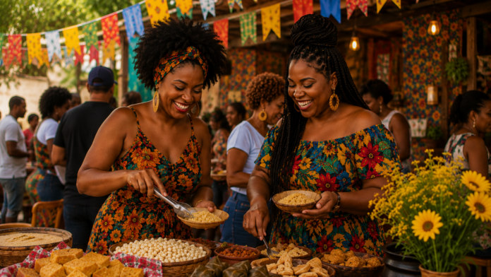 Mulheres negras em mesa com comidas juninas no Arraiá das Pretas: Imagem gerada por IA