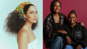 Camila Pitanga como Clara Nunes, Duda Santos e Daiane dos Santos em montagem