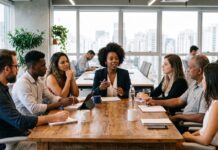 Letramento racial nas empresas não pode ser restrito a uma pauta de recursos humanos Pessoas diversas em reunião de trabalho expressando colaboração e seriedade.