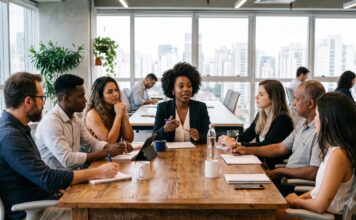 Letramento racial nas empresas não pode ser restrito a uma pauta de recursos humanos Pessoas diversas em reunião de trabalho expressando colaboração e seriedade.