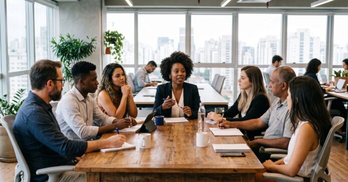Pessoas diversas em reunião de trabalho expressando colaboração e seriedade.