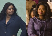 Octavia Spencer defende representatividade negra além do trauma: “Ampliar o que as pessoas acham que sabem sobre nós” Octavia Spencer posando para ensaio e na cena do filme Estrelas Além do Tempo