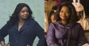 Octavia Spencer posando para ensaio e na cena do filme Estrelas Além do Tempo
