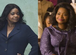 Octavia Spencer defende representatividade negra além do trauma: “Ampliar o que as pessoas acham que sabem sobre nós” Octavia Spencer posando para ensaio e na cena do filme Estrelas Além do Tempo