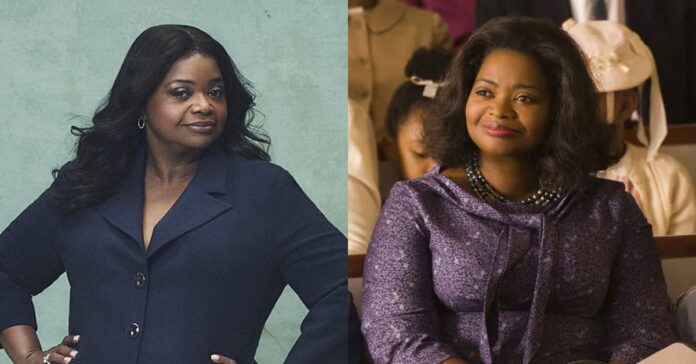 Octavia Spencer posando para ensaio e na cena do filme Estrelas Além do Tempo